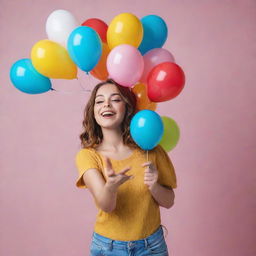 A cheerful girl expressively hugging multicolored balloons against the backdrop of a sleek, modern smartphone.