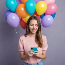 A cheerful girl expressively hugging multicolored balloons against the backdrop of a sleek, modern smartphone.