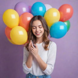 A cheerful girl expressively hugging multicolored balloons against the backdrop of a sleek, modern smartphone.