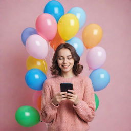 A cheerful girl expressively hugging multicolored balloons against the backdrop of a sleek, modern smartphone.