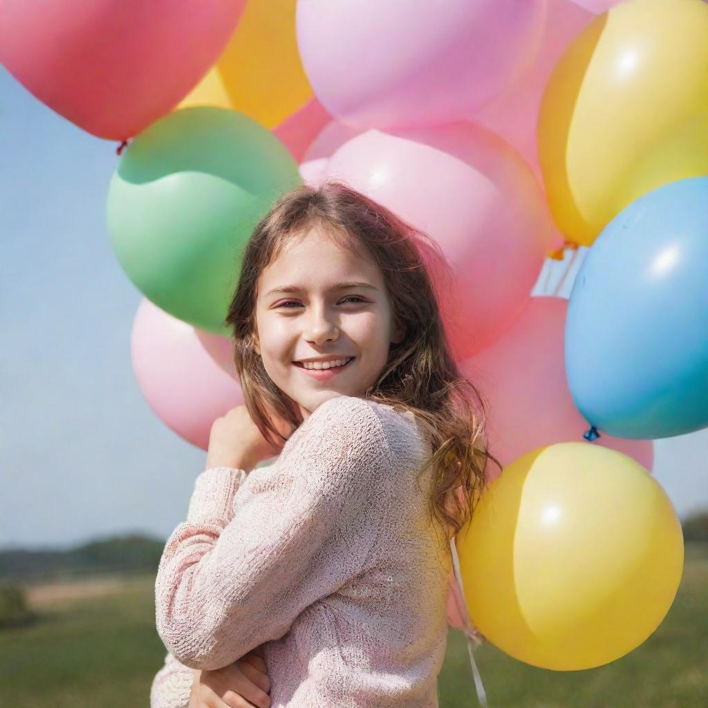 A girl with a joyful expression, hugging a bunch of colorful balloons with love and care on a clear sunny day