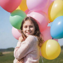 A girl with a joyful expression, hugging a bunch of colorful balloons with love and care on a clear sunny day