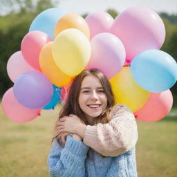 A girl with a joyful expression, hugging a bunch of colorful balloons with love and care on a clear sunny day