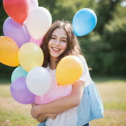 A girl with a joyful expression, hugging a bunch of colorful balloons with love and care on a clear sunny day