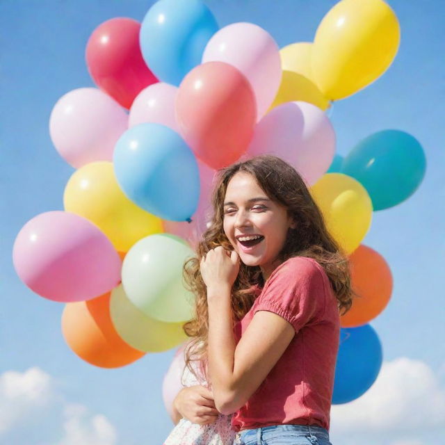 A girl with a joyful expression, hugging a bunch of colorful balloons with love and care on a clear sunny day