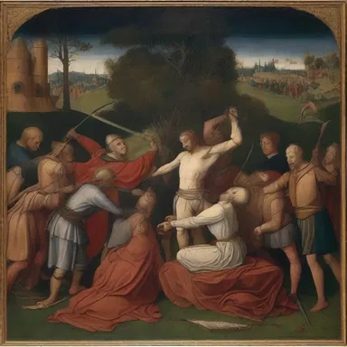 The painting depicted a gruesome decapitation scene from a medieval battle.