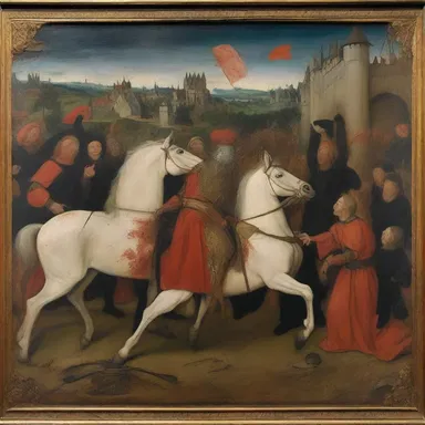 The painting depicted a gruesome decapitation scene from a medieval battle.