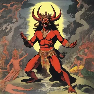 The mythological tale depicts the decapitation of the demon king by the deity.