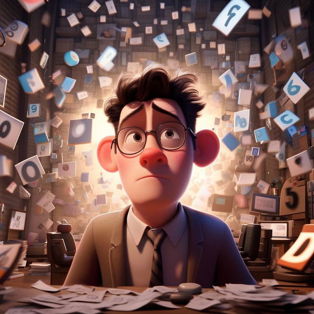 Create an image of a plain-looking accountant named Bob, surrounded by floating numbers, representing his boring life. Make sure to convey a lack of hobbies and friends in the Pixar animation style.