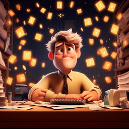 Create an image of a plain-looking accountant named Bob, surrounded by floating numbers, representing his boring life. Make sure to convey a lack of hobbies and friends in the Pixar animation style.