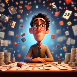 Create an image of a plain-looking accountant named Bob, surrounded by floating numbers, representing his boring life. Make sure to convey a lack of hobbies and friends in the Pixar animation style.