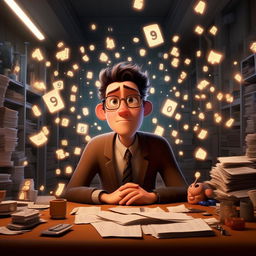 Create an image of a plain-looking accountant named Bob, surrounded by floating numbers, representing his boring life. Make sure to convey a lack of hobbies and friends in the Pixar animation style.