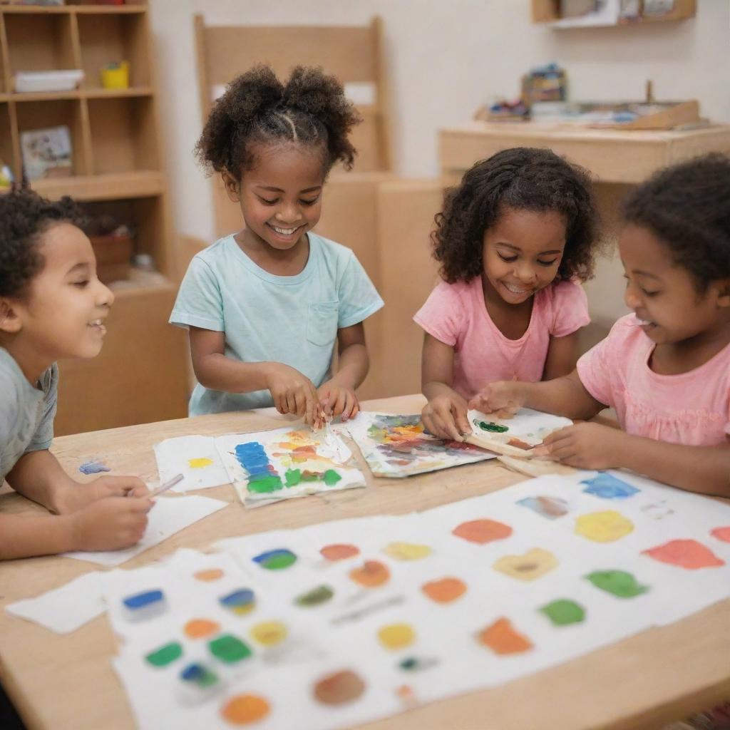 A joyful scene of children engaging in various activities such as painting, reading, constructing model buildings, and playing instruments.