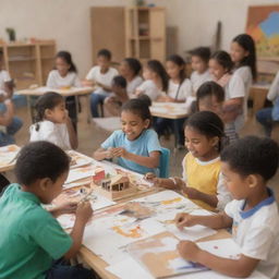 A joyful scene of children engaging in various activities such as painting, reading, constructing model buildings, and playing instruments.