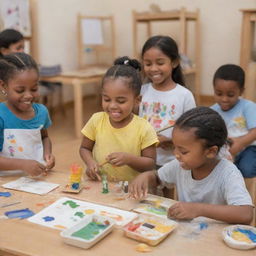 A joyful scene of children engaging in various activities such as painting, reading, constructing model buildings, and playing instruments.