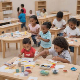 A joyful scene of children engaging in various activities such as painting, reading, constructing model buildings, and playing instruments.