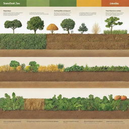 Show a timeline depicting the evolution of crops from wild plants to modern agricultural fruits and grains.