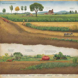 Show a timeline depicting the evolution of crops from wild plants to modern agricultural fruits and grains.