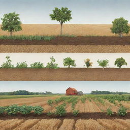 Show a timeline depicting the evolution of crops from wild plants to modern agricultural fruits and grains.