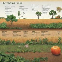 Show a timeline depicting the evolution of crops from wild plants to modern agricultural fruits and grains.