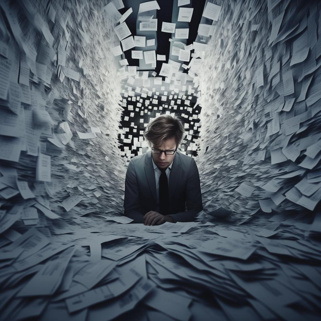 Generate an image capturing the aura of a depressed office worker, overwhelmed and seemingly lost in an abyss of endless Jira tickets.