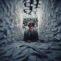 Generate an image capturing the aura of a depressed office worker, overwhelmed and seemingly lost in an abyss of endless Jira tickets.