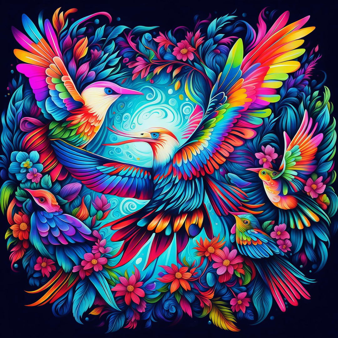 A digital art piece featuring a flock of psychedelic birds in various species with neon-colored feathers against a kaleidoscopic background.