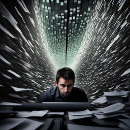Generate an image capturing the aura of a depressed office worker, overwhelmed and seemingly lost in an abyss of endless Jira tickets.