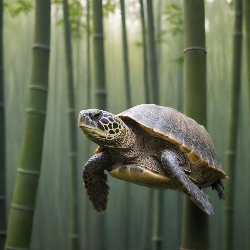 A serene turtle interacting harmoniously with a sturdy stretch of bamboo in a tranquil environment.