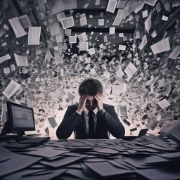 Generate an image capturing the aura of a depressed office worker, overwhelmed and seemingly lost in an abyss of endless Jira tickets.