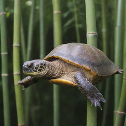 A serene turtle interacting harmoniously with a sturdy stretch of bamboo in a tranquil environment.