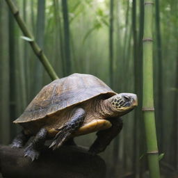 A serene turtle interacting harmoniously with a sturdy stretch of bamboo in a tranquil environment.