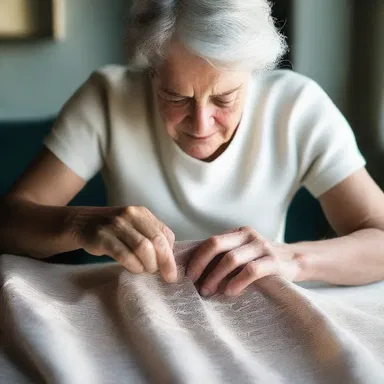 Marie carefully rubs the fabric between her fingers to check its texture.