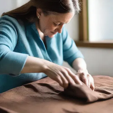 Marie carefully rubs the fabric between her fingers to check its texture.