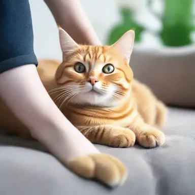 The mischievous cat rubs against the legs of its owner, purring loudly.