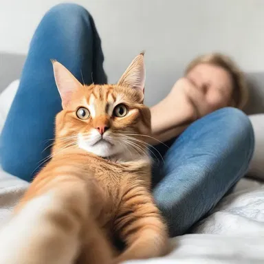 The mischievous cat rubs against the legs of its owner, purring loudly.