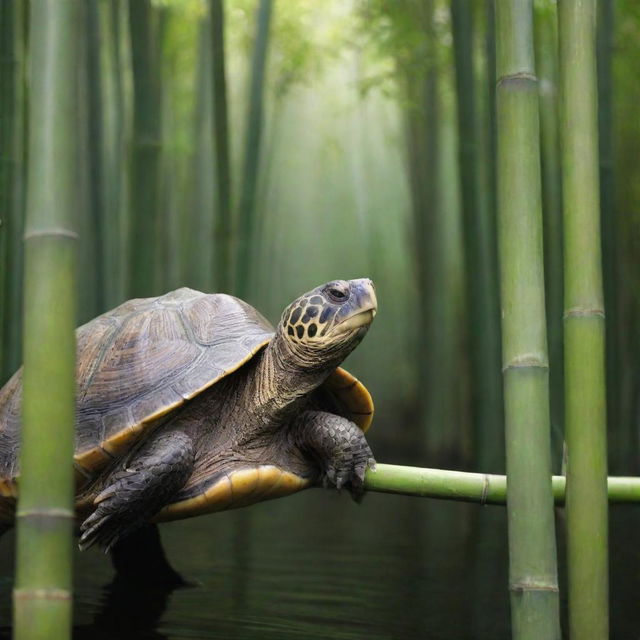 A serene turtle interacting harmoniously with a sturdy stretch of bamboo in a tranquil environment.