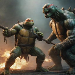 A highly detailed and dynamic scene of a Ninja Turtle, armed with a bo staff, engaged in a tense battle against the giant creature, Godzilla.