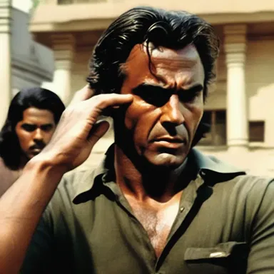 In the iconic movie scene, the hero slowly raised their hand and began to rub their temples, struggling with a difficult decision.