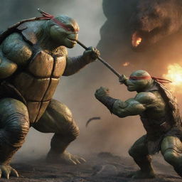 A highly detailed and dynamic scene of a Ninja Turtle, armed with a bo staff, engaged in a tense battle against the giant creature, Godzilla.