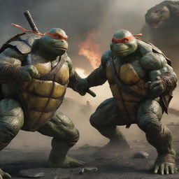 A highly detailed and dynamic scene of a Ninja Turtle, armed with a bo staff, engaged in a tense battle against the giant creature, Godzilla.