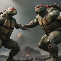 A highly detailed and dynamic scene of a Ninja Turtle, armed with a bo staff, engaged in a tense battle against the giant creature, Godzilla.