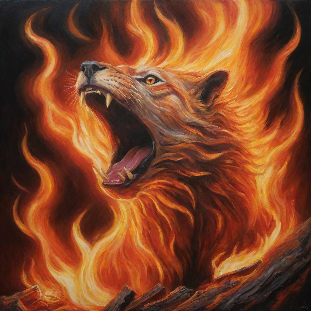 An intense and vivid depiction of a roaring fire, with fiery tongues leaping upwards, presenting a mesmerizing dance of heat and light.