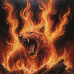 An intense and vivid depiction of a roaring fire, with fiery tongues leaping upwards, presenting a mesmerizing dance of heat and light.