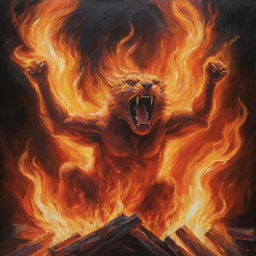 An intense and vivid depiction of a roaring fire, with fiery tongues leaping upwards, presenting a mesmerizing dance of heat and light.