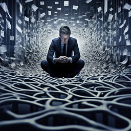 Generate an image capturing the aura of a depressed office worker, overwhelmed and seemingly lost in an abyss of endless Jira tickets.