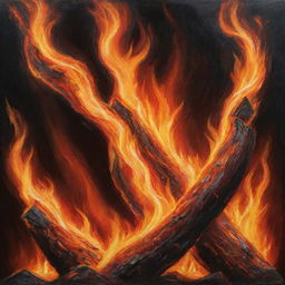 An intense and vivid depiction of a roaring fire, with fiery tongues leaping upwards, presenting a mesmerizing dance of heat and light.