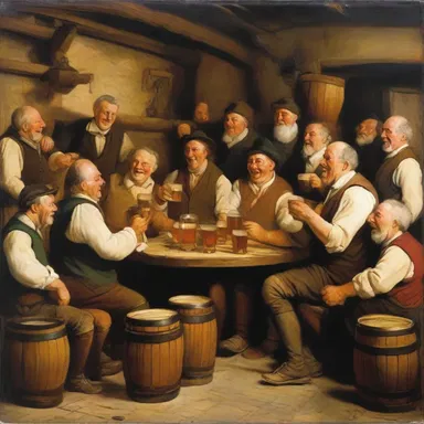 The painting depicted a lively tavern scene with jovial villagers gathered around a massive tun of ale.