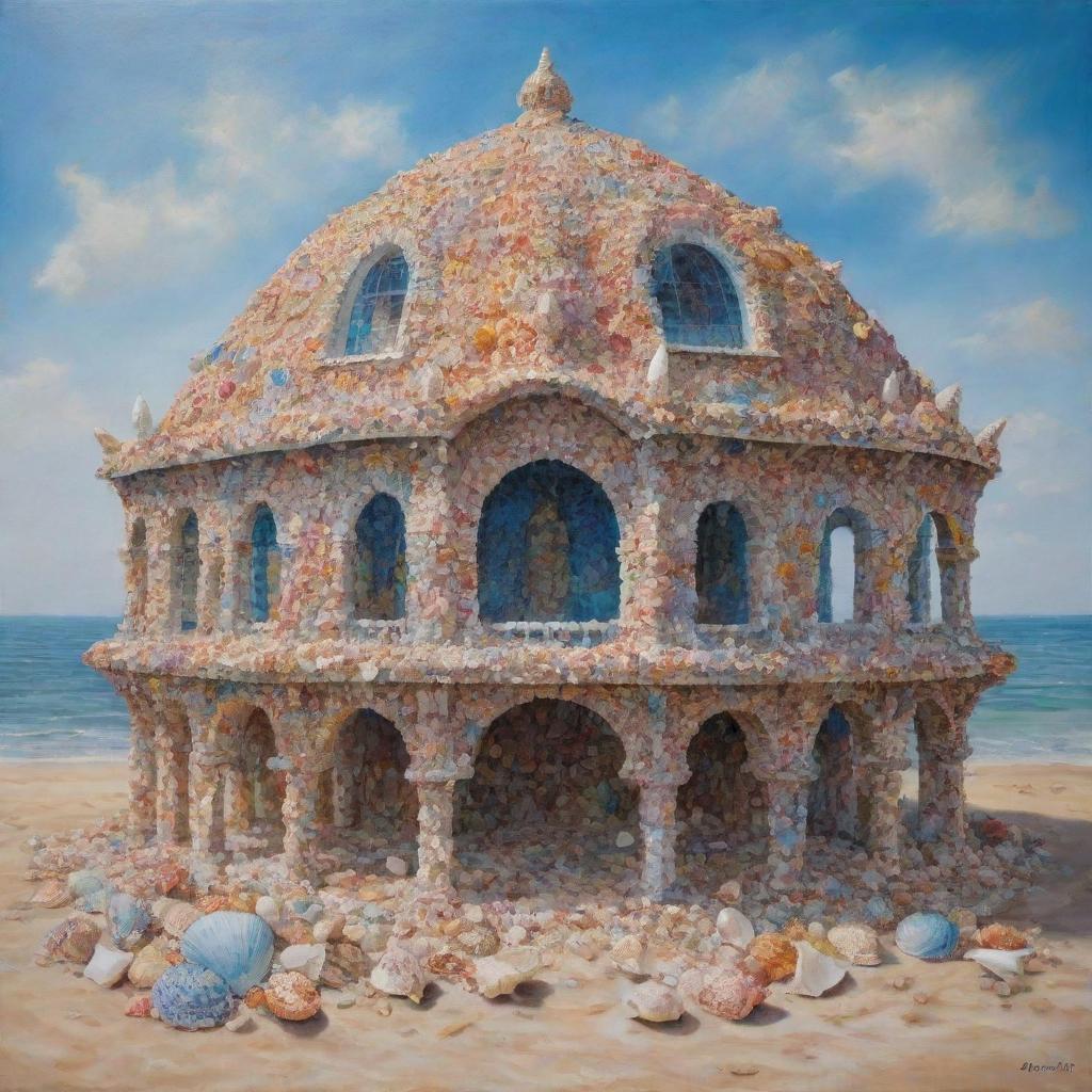 A striking oil painting depicting an intricately built structure, constructed entirely from a variety of colourful and glimmering sea shells.