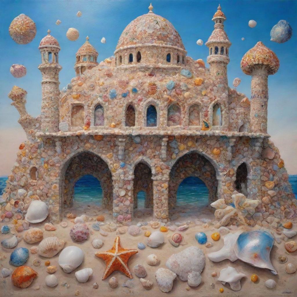 A striking oil painting depicting an intricately built structure, constructed entirely from a variety of colourful and glimmering sea shells.